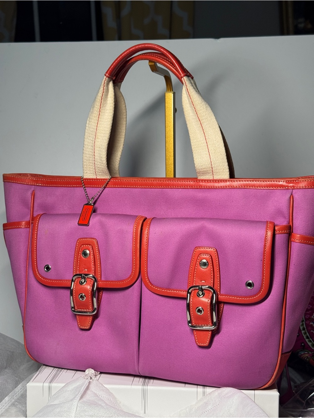 Coach Pink Canvas Tote y2k  purple turn lock lavender orange trim Hampton 6734